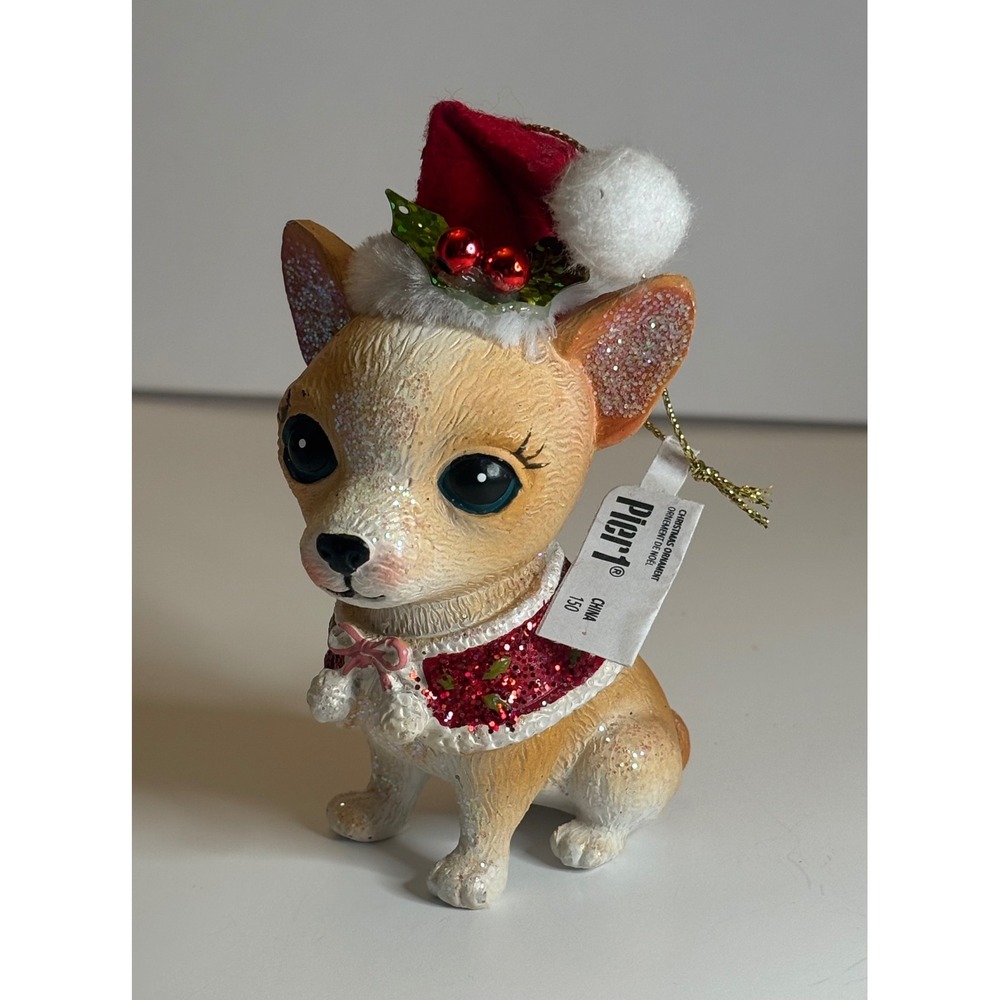 Vintage Resin Kitsch Chihuahua Dog Christmas Ornament Red Glitter Santa Hat Cape